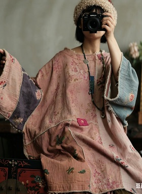 小泥姑娘宽松文艺复古圆领拼布手工大袍2283