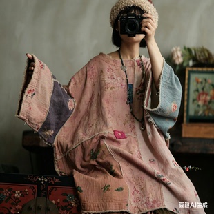 小泥姑娘宽松文艺复古圆领拼布手工大袍2283