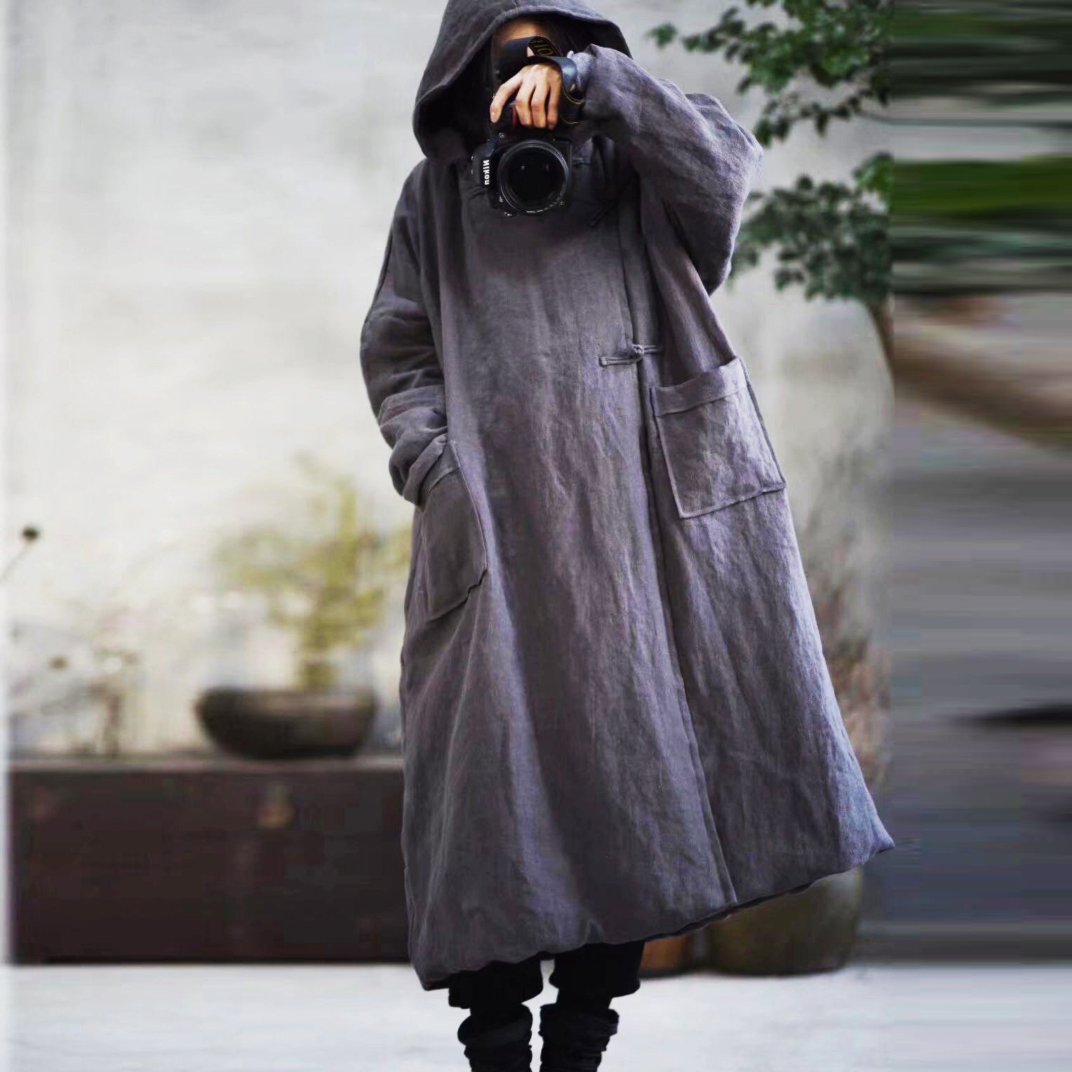 砂洗纯亚麻连帽盘扣复古文艺棉服