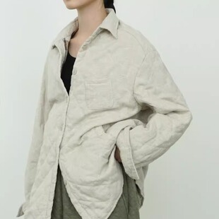 简约通勤翻领压格棉衣外套W24386 原创休闲复古做旧亚麻夹棉衬衫