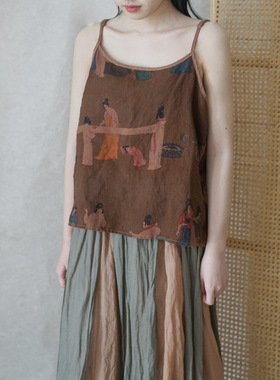 原创设计唐宫侍女印花亚麻抹胸吊带 东方中国风国潮背心 D22084