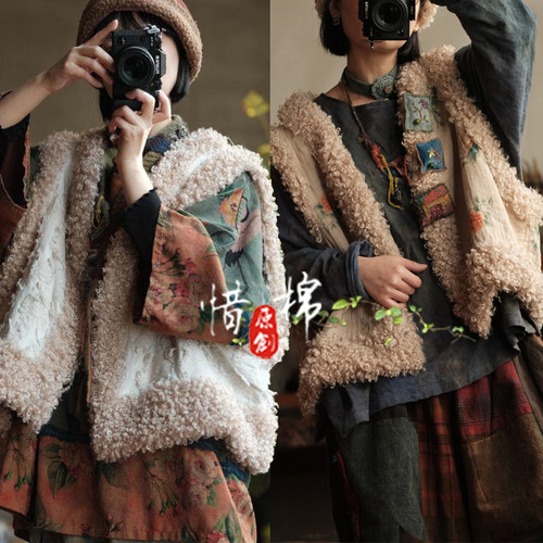 复古棉麻羊卷毛夹棉坎肩棉衣
