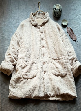 4389品质砂洗亚麻女装棉衣文艺复古宽松亚麻棉服中长款夹棉小袄