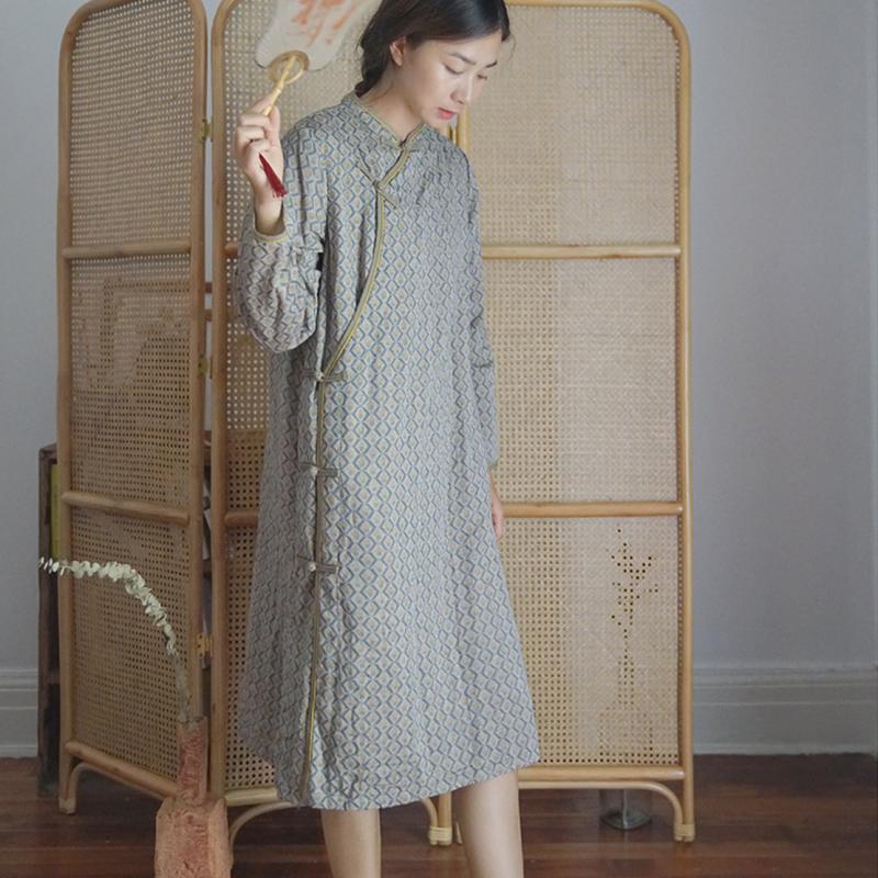 原创中国风双层数码印花长旗袍复古文艺百搭显瘦秋冬连身裙L21245