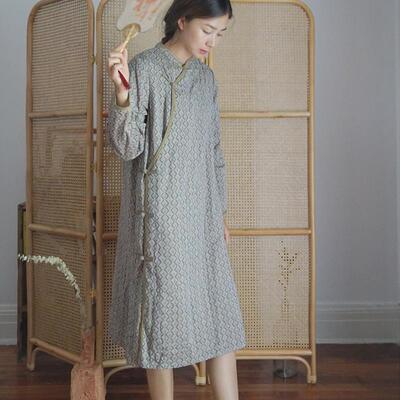 原创中国风双层数码印花长旗袍复古文艺百搭显瘦秋冬连身裙L21245