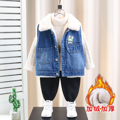 儿童加绒牛仔马甲秋冬装2025新款小青蛙洋气加厚男童坎肩背心外穿