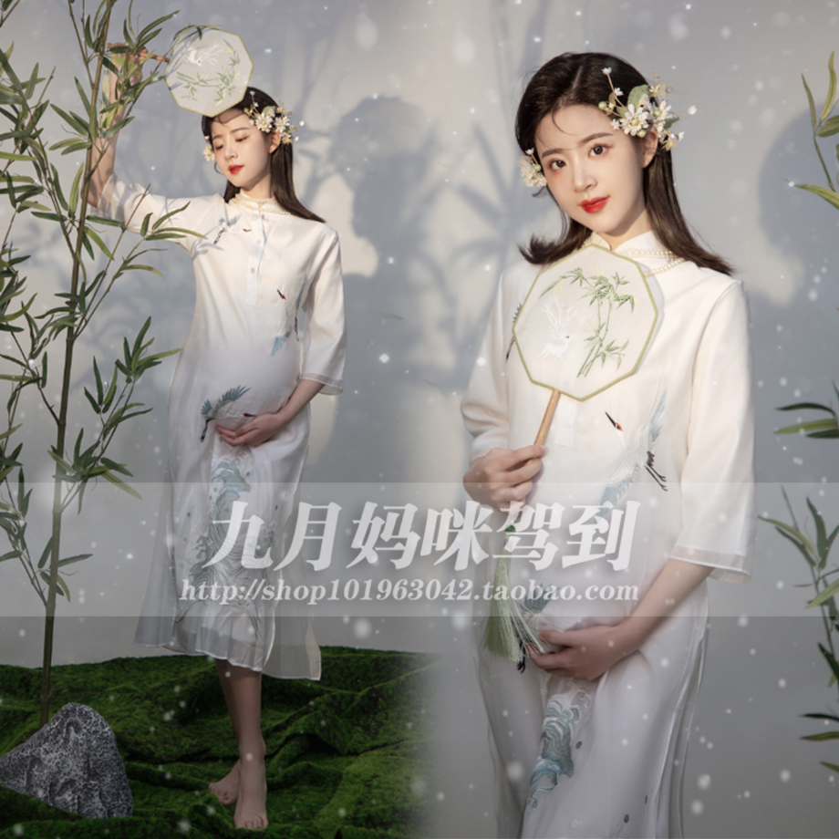673孕妇照服装出租赁白色旗袍中国古风工笔画影楼摄影写真衣服照