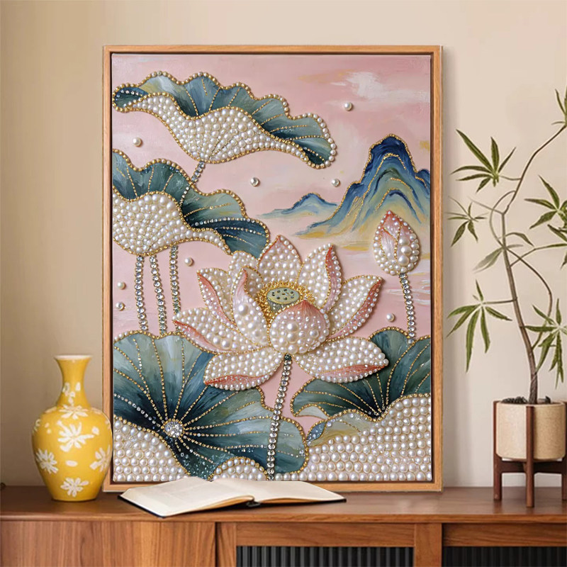 中式荷花廉洁文化diy珍珠画手工油画莲花卉清廉政主题作品装饰画