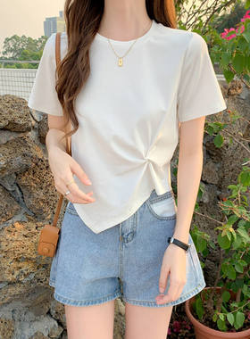 不规则短袖t恤女2025年新款夏季心机设计感小众半袖高腰短款上衣