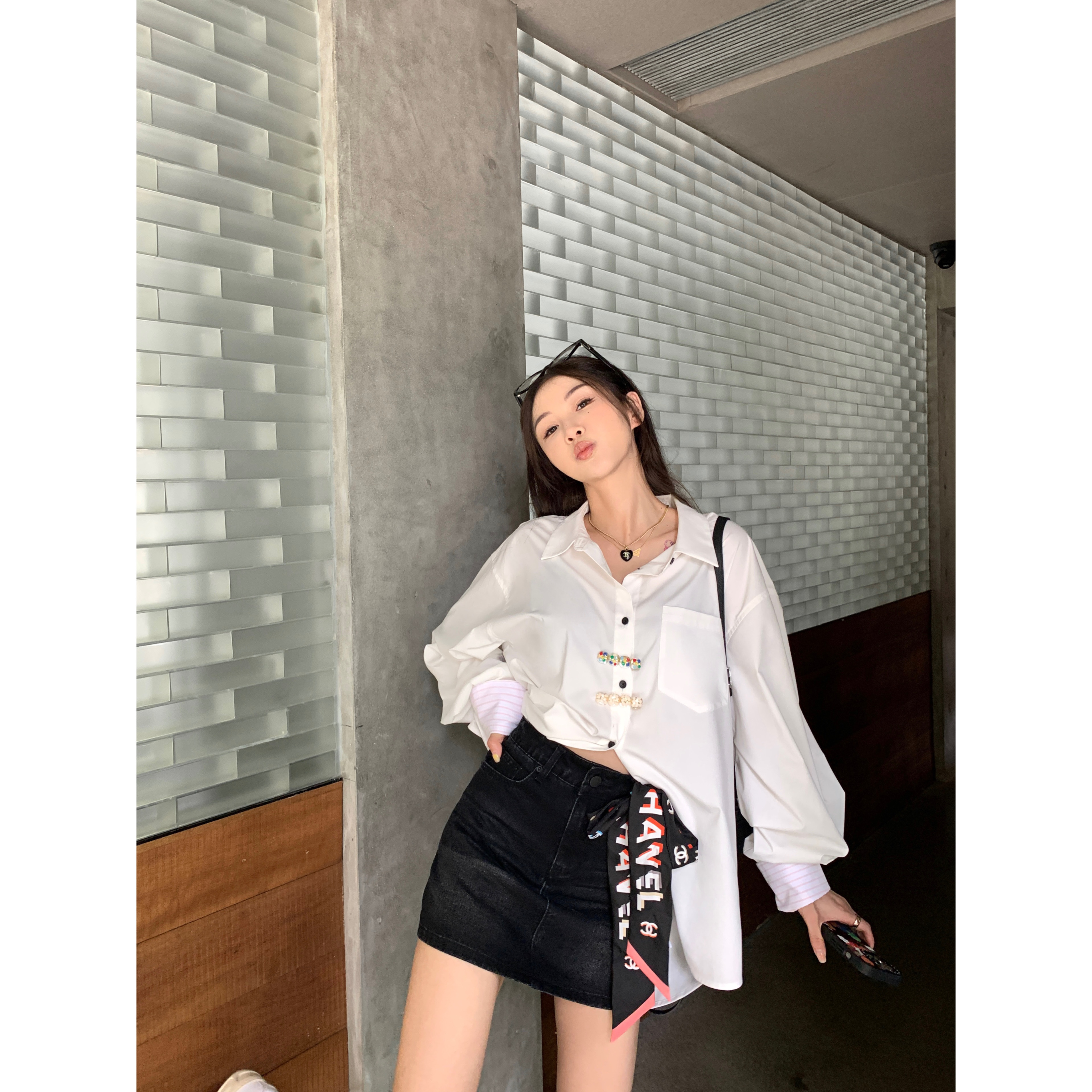 朴正义Jeongyee 高比例做旧洗水牛仔短半裙小个子A字版半身裙女春