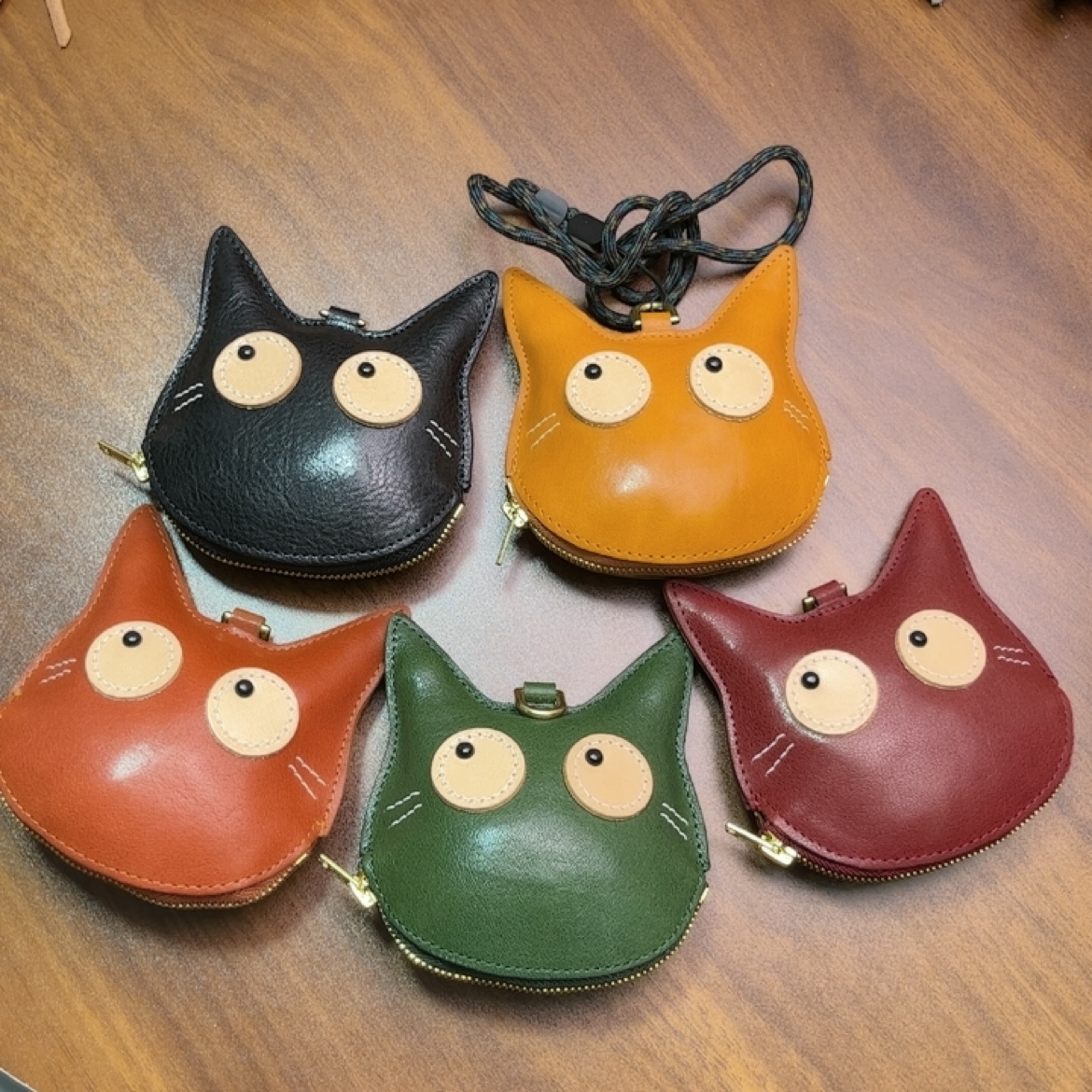 头层牛皮手工制作小猫包挂钥匙挂件零钱包都配脖子挂绳棉质挂绳