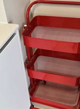 红色置物架小推车家用收纳多层可移动储物架子客厅卧室零食收纳架