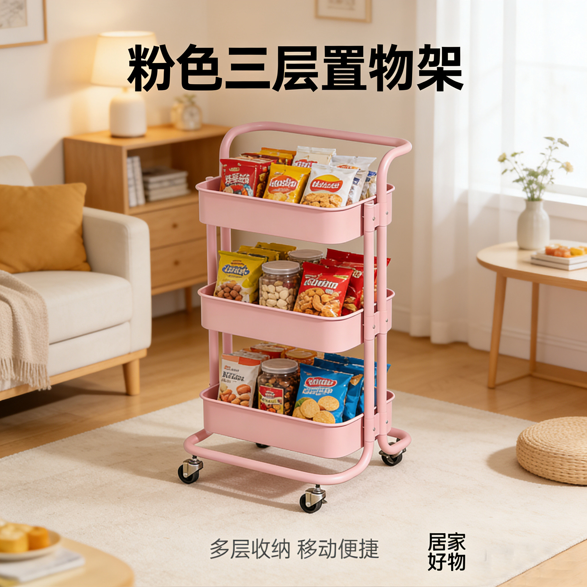 多功能三层置物架移动化妆品收纳手推车分层储物架带轮家用整理架