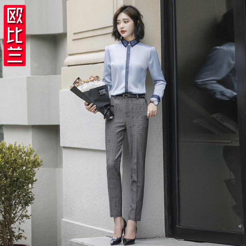 2022新款秋冬长袖雪纺白领加绒衬衫格子长裤套装女显瘦气质OL职业