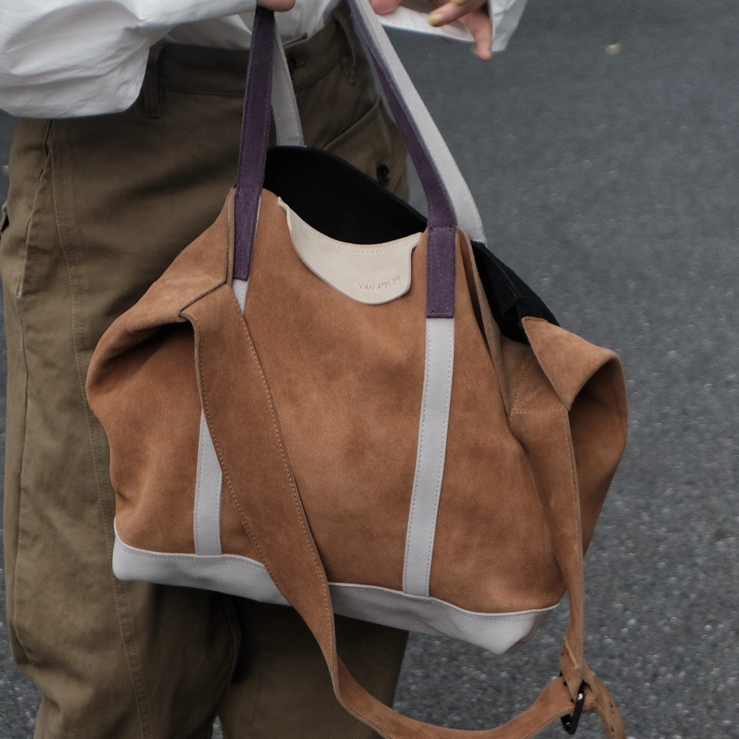 独立设计师品牌 反绒牛皮拼色 单肩手提包大容量通勤托特包可斜挎