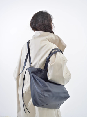 独立设计师品牌 意大利头层牛皮抽绳包单肩包托特包斜挎包 午夜蓝