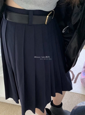 韩代潮牌Mone深蓝色百褶裙 青春迷你百褶裙皮带高腰半身裙 显瘦