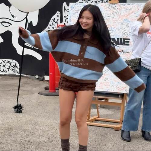 韩代潮牌LARTIGENT条纹针织衫复古撞色polo领减龄宽松套头毛衣女 - 封面