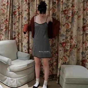 韩代潮牌freckle花边连衣裙23春款 小短裙女 高级感灰色吊带裙修身