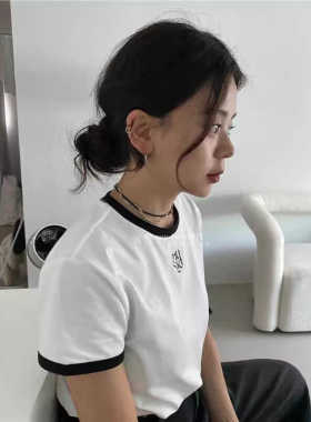 韩代潮牌 mused 24夏新款字母刺绣简约休闲百搭撞边拼色 短袖T恤