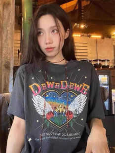 韩代潮牌DEWEDEWE崔叡娜金世正同款 爱心翅膀宽松百搭情侣短袖t恤