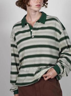韩代潮牌viaplain Via Lucky polo领长袖衫慵懒风撞色拼色条纹t恤