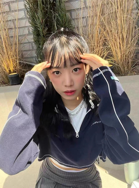 韩代潮牌instantfunk半拉链毛巾布刺绣宽松前短后长插肩袖上衣女