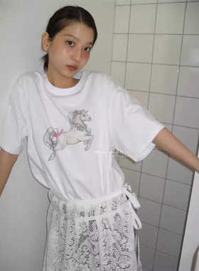 韩代潮牌 ponytail郑秀晶同款 小马图案印花纯棉休闲白色 短袖T恤