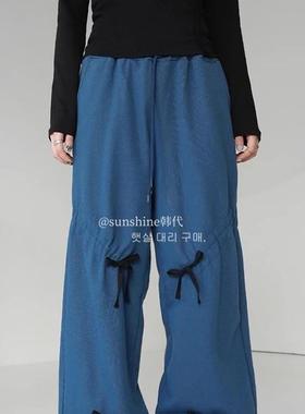 韩代潮牌binary0124新款设计感抽褶系带蝴蝶结直筒个性休闲长裤女