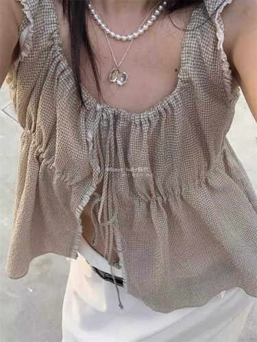 直邮正品法式蕾丝花边抽绳背心