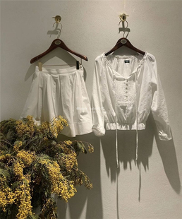 韩代潮牌 The barnnet蕾丝花边系带洋气圆领长袖白衬衫百褶半身裙