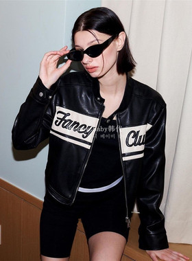 韩代潮牌nasty fancy club韩素希/REI怜同款机车夹克皮衣拼色立领