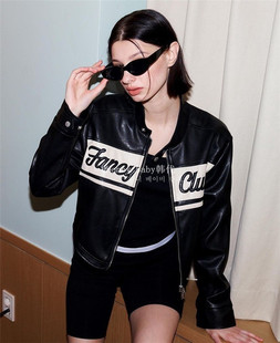 韩代潮牌nasty fancy club韩素希/REI怜同款机车夹克皮衣拼色立领