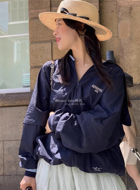 韩代潮牌modestmood海军领轻薄简约半拉链休闲冲锋衣藏青防晒外套