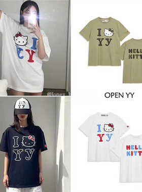 韩代潮牌HELLO KITTY X OPEN YY合作款边伯贤林娜琏情侣装短袖t恤