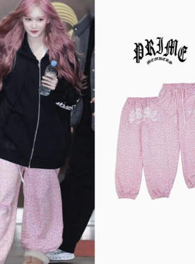 韩代潮牌PRIME MEMBERS张元英IVE全员同款logo豹纹休闲裤女