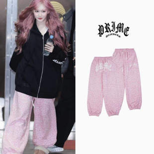 韩代潮牌PRIME MEMBERS张元英IVE全员同款logo豹纹休闲裤女