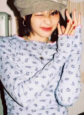 韩代潮牌Minjiena超可爱小兔子印花拼色木耳边指孔长袖打底衫t恤