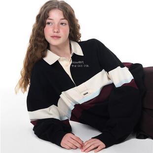 韩代潮牌grove拼色条纹翻领宽松卫衣休闲百搭polo领长袖T恤男女款