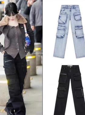 韩代潮牌OPEN YY柳智敏Asa同款美式复古工装口袋水洗牛仔裤直筒裤