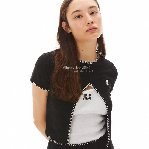 直邮正品前开叉镂空针织短袖女