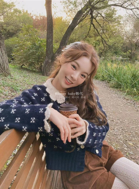 韩代潮牌mabling针织衫复古提花 花边娃娃翻领可爱减龄开衫外套