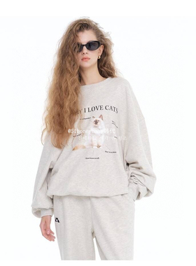 韩代潮牌ITZAVIBE猫咪字母LISA原款圆领卫衣松紧卫裤休闲情侣套装