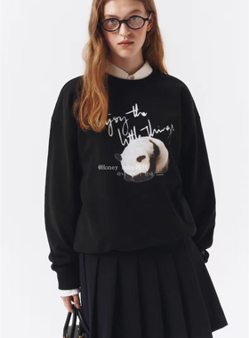 韩代潮牌Dunst for WOMEN可爱熊猫卡通字母圆领灰色休闲卫衣上衣