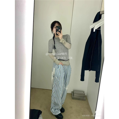 正品条纹休闲裤工装阔腿长裤