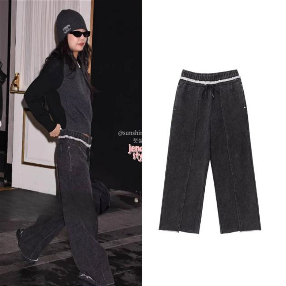 正品金智妮同款毛边宽松牛仔裤