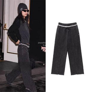 韩代潮牌treemingbird潮酷毛边Jenny金智妮同款休闲裤宽松牛仔裤