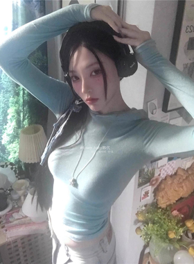 韩代潮牌YOUHEE 辣妹风镂空露背 个性性感修身连帽 微透t恤女ins