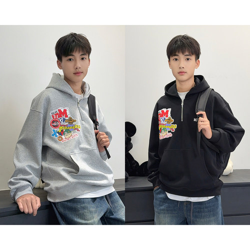 WY7305小赖家新款青少年装卡通字母印花连帽卫衣男大童上衣外套潮