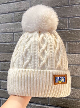 冬季加绒毛线帽加厚保暖东北针织帽女大头围护耳毛球帽子白色球帽